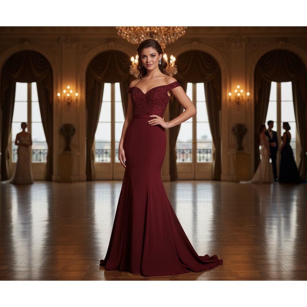 Off-Shoulder Burgundy Beaded Mermaid Prom Dress